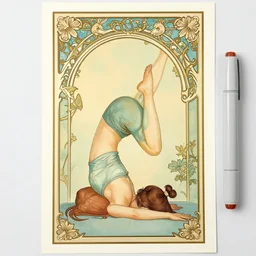 an art nouveau copic maker poster of a girl doing adho mukha svanasana wearing yoga clothing designed by balenciaga by john berkey by stanley artgerm lau, thomas kinkade, alphonse mucha, loish, norman rockwell