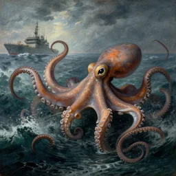 giant octopus with giant tentacles submerging a frigate on a stormy sea, in the style of jmw turner