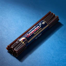 a piece of black licorice on a blue background, candy, twizzlers, chesley bonestell, vincent di fate