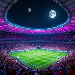 neon sci - fi soccer stadium, futuristic, neon colours, high saturation, high def, 8 k, hd, two moons on night sky, massive crowd,