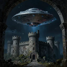 alien spacecraft hovering over a stone brick castle at night, ufo, flying saucer, uap, matte oil painting, medieval, fantasy landscape, cosmic, ominous, creepy, eldritch, archs, detailed, sharp, crisp, 4 k image, secret, classified