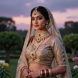 portrait photography of indian princess of the dawn, beautiful woman, elegant, celebration costume, jewellery, garden, green trees, bloom, highly detailed, hyper realistic, dramatic sky, clouds, dawn, pastel, deep gaze, pretty face, glowing, in the style of annie leibovitz