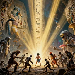 an 8 k hi res well lit dynamic volumetric lighting god rays 8 0 mm photo of hieroglyphics of zardoz and goku monsters and orcs and jim henson and hercules greek and roman mythology john snow game of thrones psychedelic mushroom acid marvel iceland lemmings soldiers knights vikings king arthur maul horror zombie battle scene from the future year 3 0 3 5