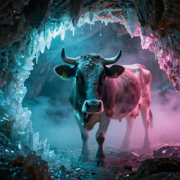 cow, cave with crystals, glitter, volumetric light, foggy, smokey, moody, kodak photography, cyan and pink light