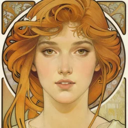 realistic detailed face portrait of Mia Kirschner in the style of Alphonse Mucha by Alphonse Mucha, Ayami Kojima, Yoshitaka Amano, Charlie Bowater, Greg Hildebrandt, Jean Delville, Adam Hughes, Karol Bak, and Mark Brooks, Art Nouveau, Pre-Raphaelite, exquisite fine details, 4k resolution