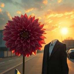 closeup giant dahlia flower head, girl in a suit, standing in street, surreal photography, sunrise, dramatic light, impressionist painting, digital painting, artstation, simon stalenhag