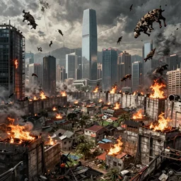 climate change migrant crisis outside heavily fortified city walls with burning villages in the background, skyscrapers, hong kong, dystopia, dead animals falling from the sky, by cedric peyravernay, by kilian eng, high detail, digital painting, industrial art style, death stranding art style, cinematic lighting, artstation, cgsociety, unreal engine 5 render, octane render, 3 5 mm film grain