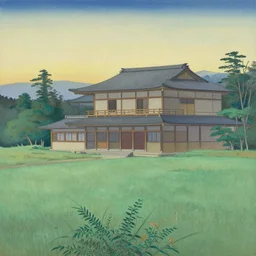 a beautiful painting of a building in a serene landscape by  Shishizaru