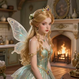a close - up of a fairy in a vintage magical kitchen, with a fireplace in the background d & d, fantasy, intricate, elegant, highly detailed, digital painting, artstation, concept art, smooth, sharp focus, illustration