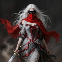 a vampire with long light white hair and a red scarf, wearing a black mask over her mouth, windy, ribbons, melancholic, modern maximalist fashion dress, is ( ( holding a sword ) ). light dust, magnificent, hyperdetailed, theatrical, painted by jean honore fragonard and greg rutkowski