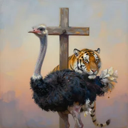 painting of cross between an ostrich with a tigers head, intercrossed animal, by zdzislaw beksinski, by tiffany bozic, cold hue's, warm tone gradient background, concept art, beautiful composition, digital painting,