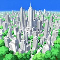 futuristic city in grey and white with lush green trees and blue sky, ilya kuvshinov, digital, concept art, kyoto animation, kawaii, yoshitaka amano, studio lighting, manga, vibrant high contrast, gradation, jean giraud, moebius, fantasy, rule of thirds, fibonacci, intricate, cel shaded, flat, matte print