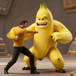 Hyper realistic, banana monster, star trek still, live action, fist fighting captain