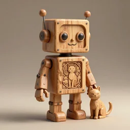 3D 8k octan render ,ultra photorealistic, detailed unreal engine , storyboard a wooden sculpture wooden art toys wooden on feet : very cute robot wooden with cat  ,art by Alphonse Mucha