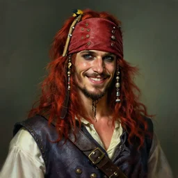 portrait of a young ruggedly handsome but joyful pirate, male, masculine, upper body, red hair, long hair, d & d, fantasy, mischievous smirk, intricate, elegant, highly detailed, digital painting, artstation, concept art, matte, sharp focus, illustration, art by artgerm and greg rutkowski and alphonse mucha