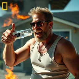 duke nukem a tank top, sunglasses, drinking vodka, doing a thumbs up gesture, laughing at his house being on fire, high quality, very detailed, a beautiful photo, national geographic quality
