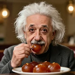 A photo of Albert Einstein eating gulab jamun, highly detailed, trending on artstation, bokeh, 90mm, f/1.4