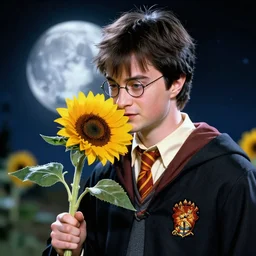 hyperrealism portrait where harry potter appears holding and smelling a sunflower, in the background is the moon