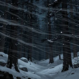 beautiful dark evil forest at night with very tall pine trees and snow, snowing and wind. Digital Matte Illustration by Lisa Frank and thomas kinkae