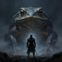 a digital painting of the silhouette of a knight stand in front of a giant slime covered monster toad, dark fantasy, dark night, foggy, atmospheric, realistic, highly detailed, by tony sart and gerald brom