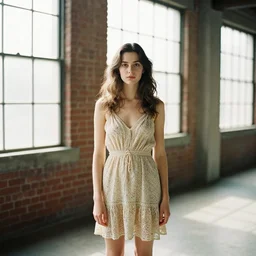 a photo of a beautiful brown hair woman in a sun dress in a studio, an industrial studio with large windows and red brick walls, medium shot, 85mm lens, Kodak Portra 400 film, trending on Instagram