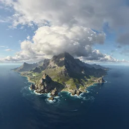 huge island in the sea with a lot of rocks and mountains, billowing clouds, wide angle lens, shot from a low angle. by by ivan aivazovsky, and jesper ejsing and rhads and makoto shinkai and lois van baarle and ilya kuvshinov, global illumination, 3 6 0 degree panorama