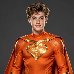 friendly teenage archie andrews wearing an orange superhero costume, freckles, superhero costume with heart emblem, cape, intricate, elegant, glowing lights, highly detailed, digital painting, artstation, sharp focus, illustration, art by wlop, mars ravelo and greg rutkowski