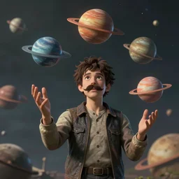 a being!!! with a moustache!!! juggling planets, illustration, realistic, cinematic, 3 5 mm, depth of field, highly detailed, by zdzisław beksinski and studio ghibli, cgsociety, unreal engine