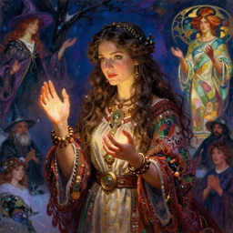 pulp art, gorgeous maid, long hair brunette russian girl at witch ritual, shining hands, wooden jewerly, elegant, boho poncho and dress, winter, dark mood, vibrant, smooth, by ilya kuvshinov, craig mullins, edgar maxence, alphonse mucha, artgerm, sakimichan