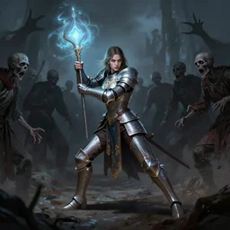 A female paladin fights an army of zombies, matte painting, shadows, glowing holy magic