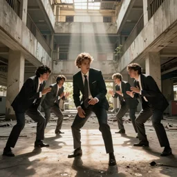 men in suits playing hide and seek in an abandoned mall