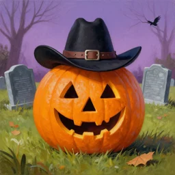 painting of a cowboy jack o lantern in a cemetery