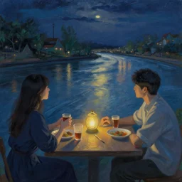 meeting with the river spirit, night, beautiful painting