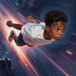 digital painting of black teenager flying through the metaverse at lightspeed as seen on artgerm, octane render, highly detailed, very detailed, art fantasy by craig mullins, thomas kinkade