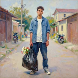 still from music video of liu wen from die antwoord standing in a township street, wearing a trashbag garbage bag and flowers, street fashion, full figure portrait painting by martine johanna, ilya kuvshinov, rossdraws, pastel color palette, detailed impasto brushwork, impressionistic
