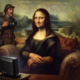 Monalisa by leonardo da vinci is sitting on her living room couch. She is dressed casually and is watching TV, Regal, Realistic, Refined, Detailed Digital Art, Josephine wall, Oil Painting, William-Adolphe Bouguereau, Art Frahm, Esao Andrews, Steampunk, Walt Disney (1937), Highly Detailed, Cinematic Lighting, Unreal Engine, 8k, HD