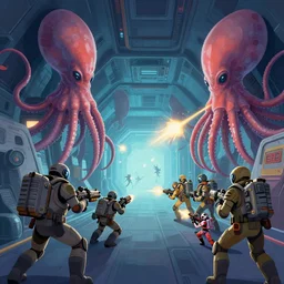 space soldiers with blasters shoot at giant alien squids inside the corridors of spaceship, cinematic, vector behance hd jesper ejsing, highly detailed, digital painting, artstation, concept art, smooth, illustration, art by artgerm and rhads and makoto shinkai and lois van baarle and ilya kuvshinov and rossdraws, 8 k