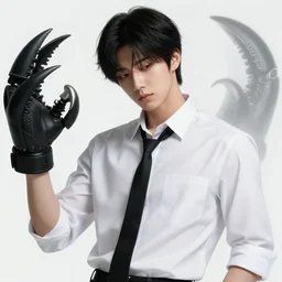 a highly detailed illustration of attractive korean man with bowl cut black hair wearing shirt and tie, wielding giant black mist claws pose, tired expression, black mist surrounding background, intricate, elegant, highly detailed, centered, digital painting, artstation, concept art, smooth, sharp focus, league of legends concept art, wlop.