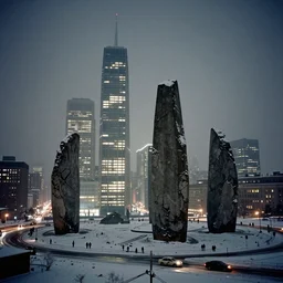 a photograph of tall skyscrapers stand isolated like neolithic standing stones, hundreds of bright lights shine in the buildings, roads, cars and pedestrians inhabit the city below, backlit, by sarah moon and joel peter witkin, 1 8 0 0 s vintage, grainy, snow, highly detailed, gloomy and foggy atmosphere, octane render, cinematic lighting, photographic emulsion cracked and peeling, tri - x, 8 k, hd