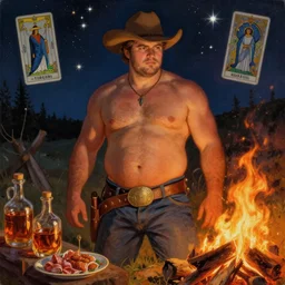 a dramatic, epic, ethereal painting of a handsome thicc shirtless cowboy with a beer belly wearing a large belt by a campfire | background is a starlit night with food and jugs of whisky | homoerotic | fire, flames, stars, tarot card, art deco, art nouveau | by Mark Maggiori | trending on artstation