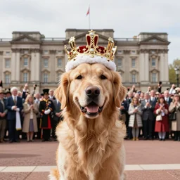 national geographic photo of a golden retriever wearing a crown being hailed as the new king of England by a crowd of people at Buckingham palace in the background