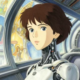 a female cyborg on a spaceship near huge windows, finely illustrated face, highly detailed, colored pencil, studio ghibli, tankobon, in the style of ilya kuvshinov and krenz cushart and william - adolphe bouguereau and alphonse mucha