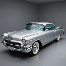 futuristic car 1957 silver cadillac style, photograph, 16k, hyper realistic