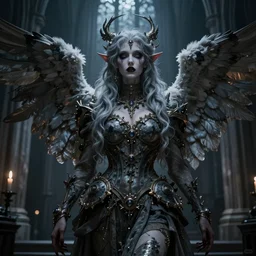 an ultradetailed portrait of a colorpunk gorgerous female fantasy angel, gothic cathedral church, by alex ross, artgerm and wlop, dramatic lighting, moody, directional lighting, cool beauty, spooky, mystery, cold eyes, volumetric lighting :. 3, trending on pixiv and pinterest