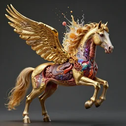 hyperrealistic photo of a flying winged horse which internal organs explode into cosmic marbled texture made out of liquid gold and candy and stringy taffy, complexity, intricacy, anatomically correct, medical photo, moody, micro details, 1 6 k