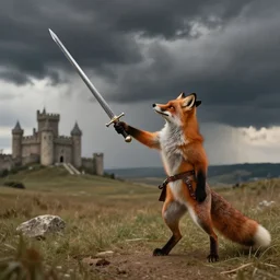 anthropomorphic fox!! who is a medieval knight holding a sword towards a stormy thundercloud [ 1 9 3 0 s film still ], ( castle in the background )