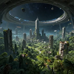 a post apocalyptic city in ruins inside a spaceship with a dome with the stars, falling buildings, Halo Array, nature growing around the city, futuristic estructures in ruins, lush scenery, concept art, trending in artstation, lush landscape, pretty space stars, realistic light, award-winning, spaceship in space in ruins, forest, forest, forest, forest, forest, forest, forest, forest, forest,