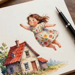 a beautiful pen and watercolor painting on textured paper, of a sweet, fat girl, flowery dress, flying over an old house with a red roof. in the style of freud, miro and paul klee. beautiful lighting, 4 k post - processing, trending at art station, cg society, highly detailed, 5 k ultra - detailed, 3 d. a cinematic scene. sharp picture