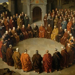 large crowd of monks formed in circular formation together, realistic old master painting by hermann corrodi and alphonse mucha,
