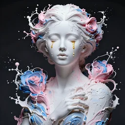 a wide portrait of a beautiful girl, porcellaine skin with golden tears, dramatic lighting, splashy intricate thick paint texture on the face and body, intricare abstract flower arrangement, pink and blue color palette
